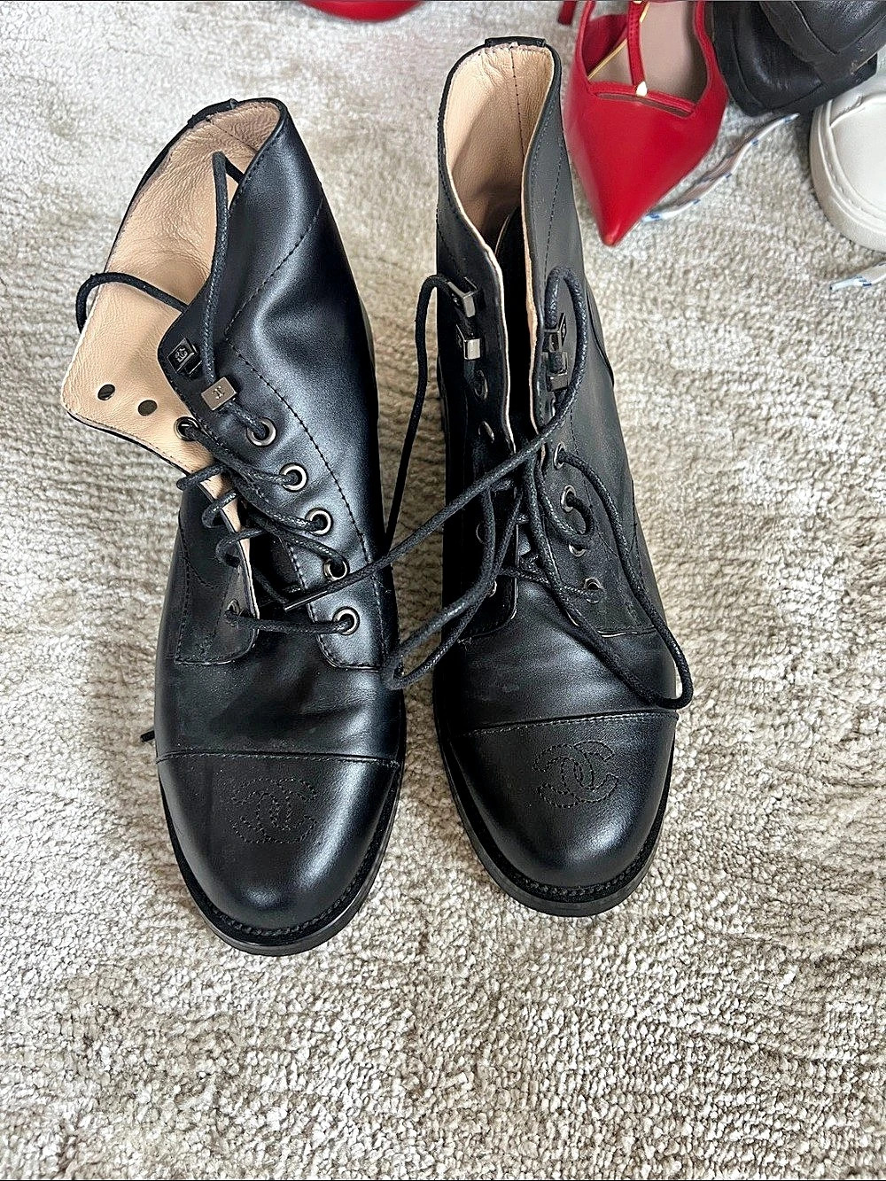 Chanel CC Logo Cap Toe Leather Lace-Up Boots Black